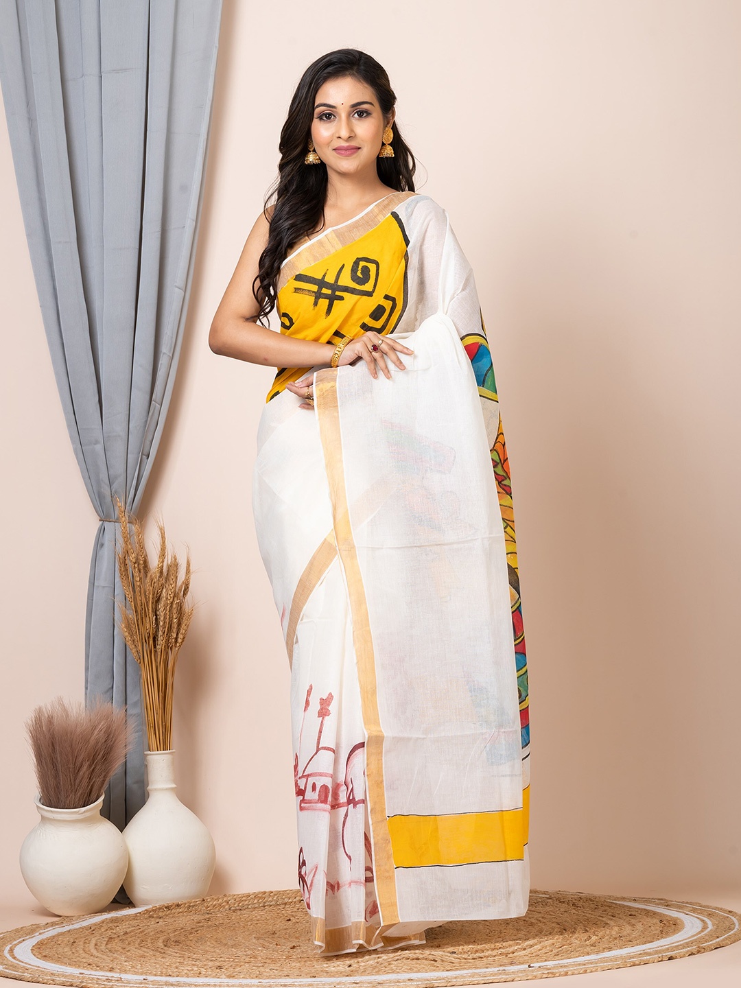 

Laa Calcutta Geometric Printed Zari Pure Cotton Saree, White