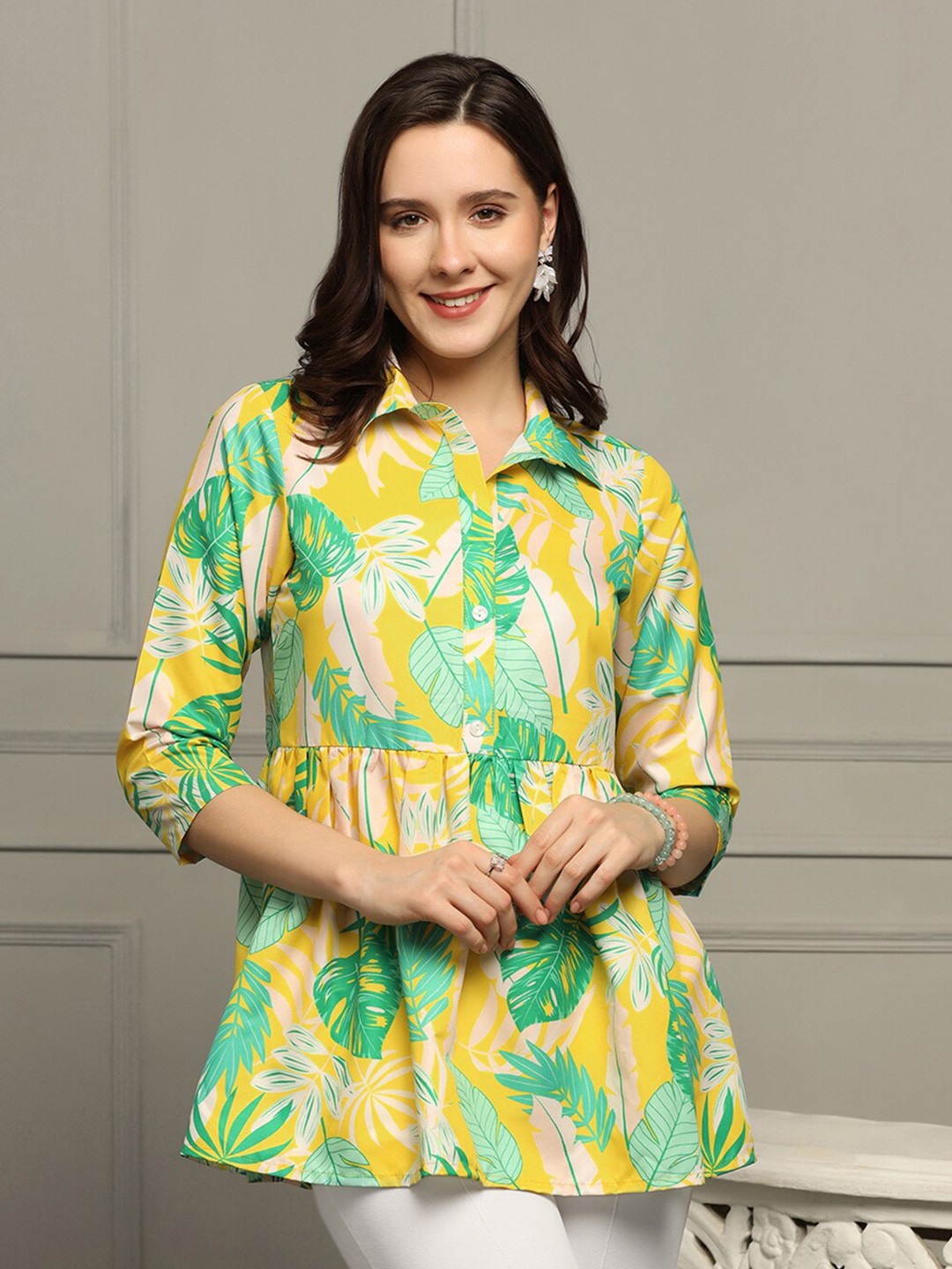 

FASHION DREAM Floral Printed Shirt Collar Shirt Style Top, Yellow