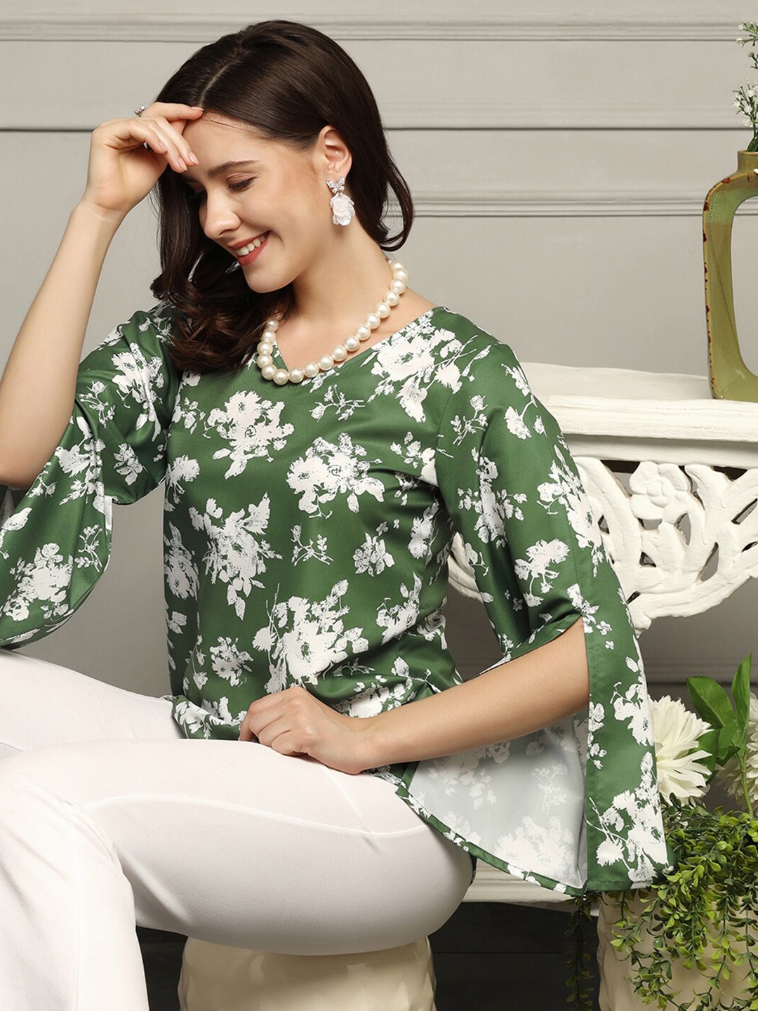 FASHION DREAM Floral Printed Top, Green