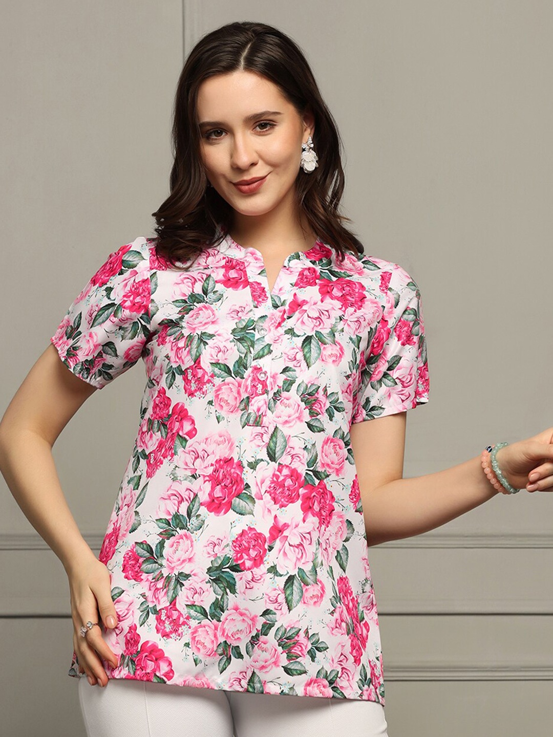 FASHION DREAM Floral Printed Mandarin Collar Georgette Shirt Style Top, White