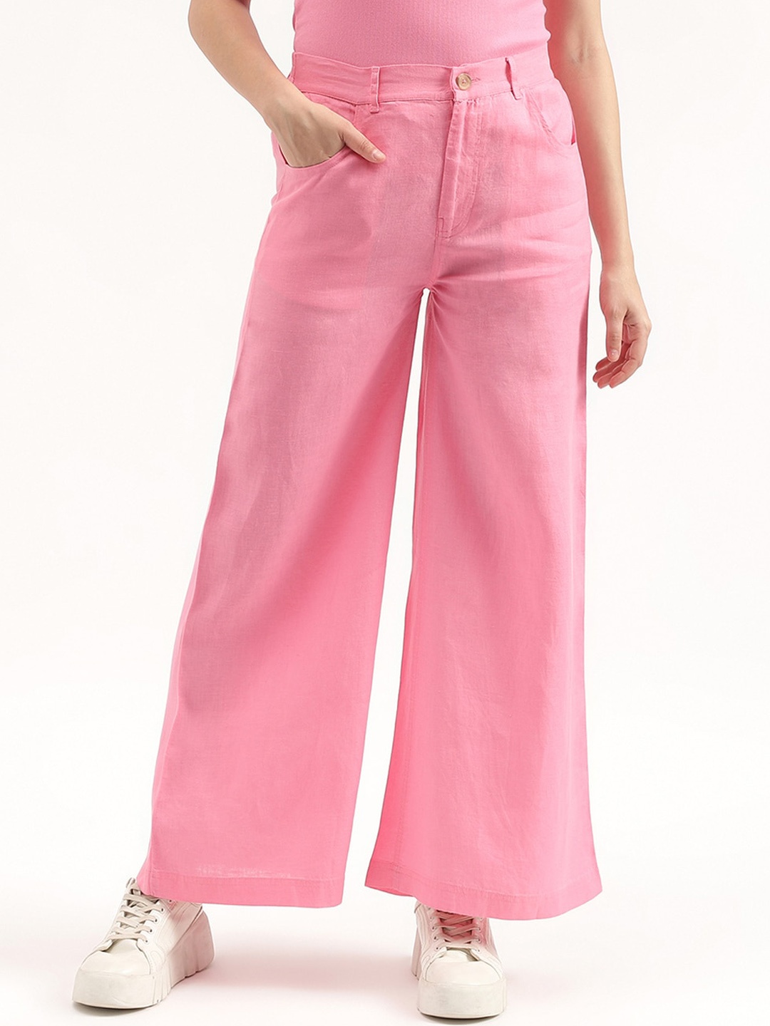 

United Colors of Benetton Women Mid-Rise Linen Parallel Trousers, Pink