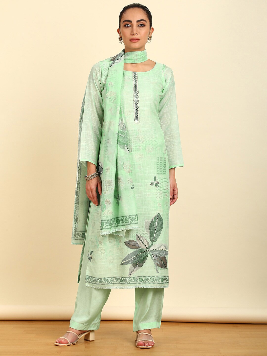 

Soch Green Floral Printed Linen Unstitched Dress Material