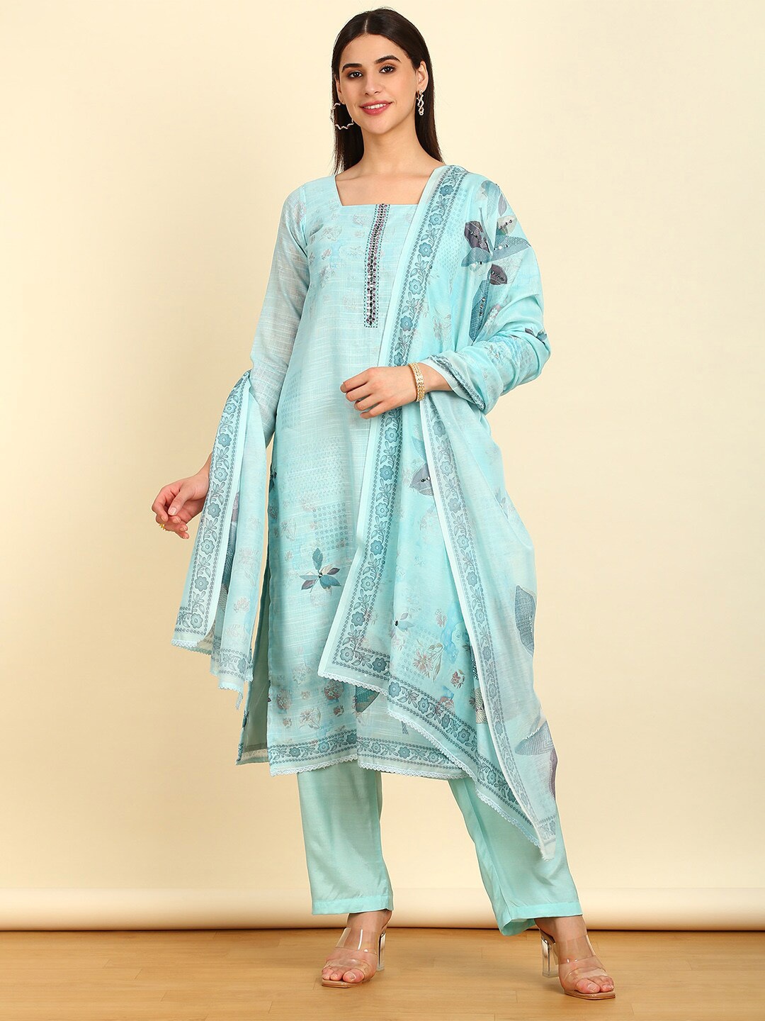 

Soch Printed Linen Unstitched Dress Material, Blue