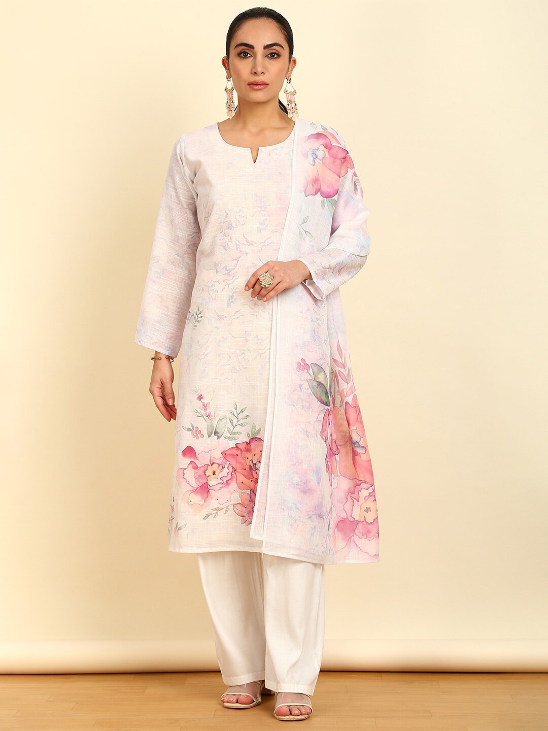 

Soch Off White Floral Printed Linen Sequinned Unstitched Dress Material