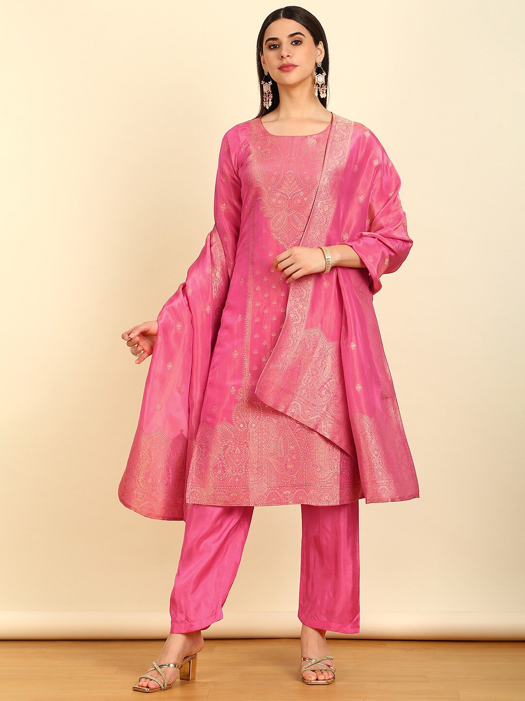 

Soch Pink Floral Woven Design Zari Unstitched Dress Material