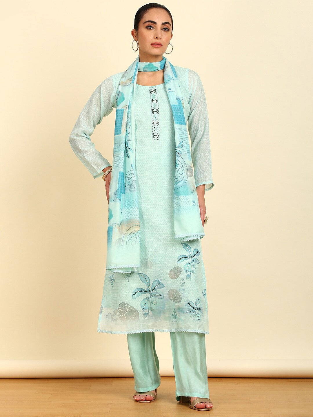 

Soch Blue Floral Printed Linen Unstitched Dress Material
