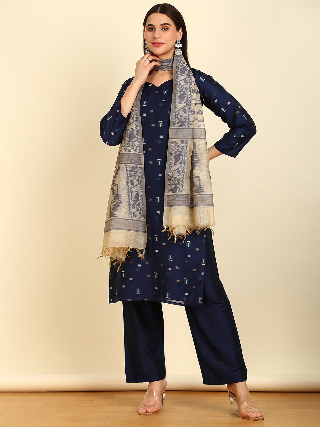 

Soch Blue Geometric Woven Design Zari Unstitched Dress Material