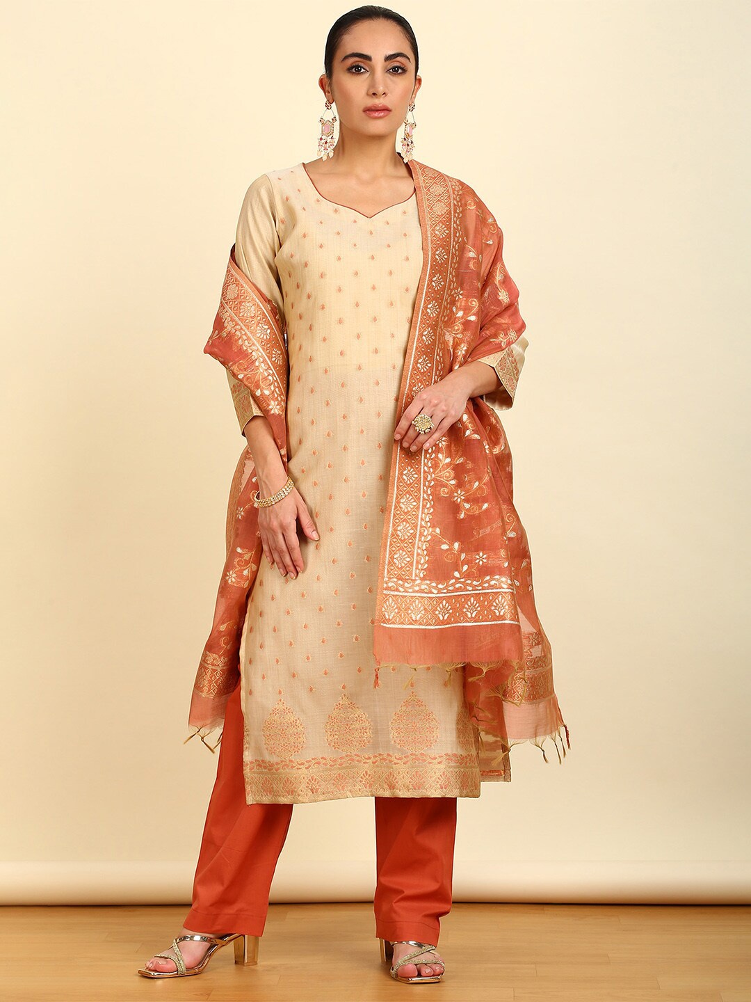 

Soch Beige Ethnic Motifs Woven Design Unstitched Dress Material