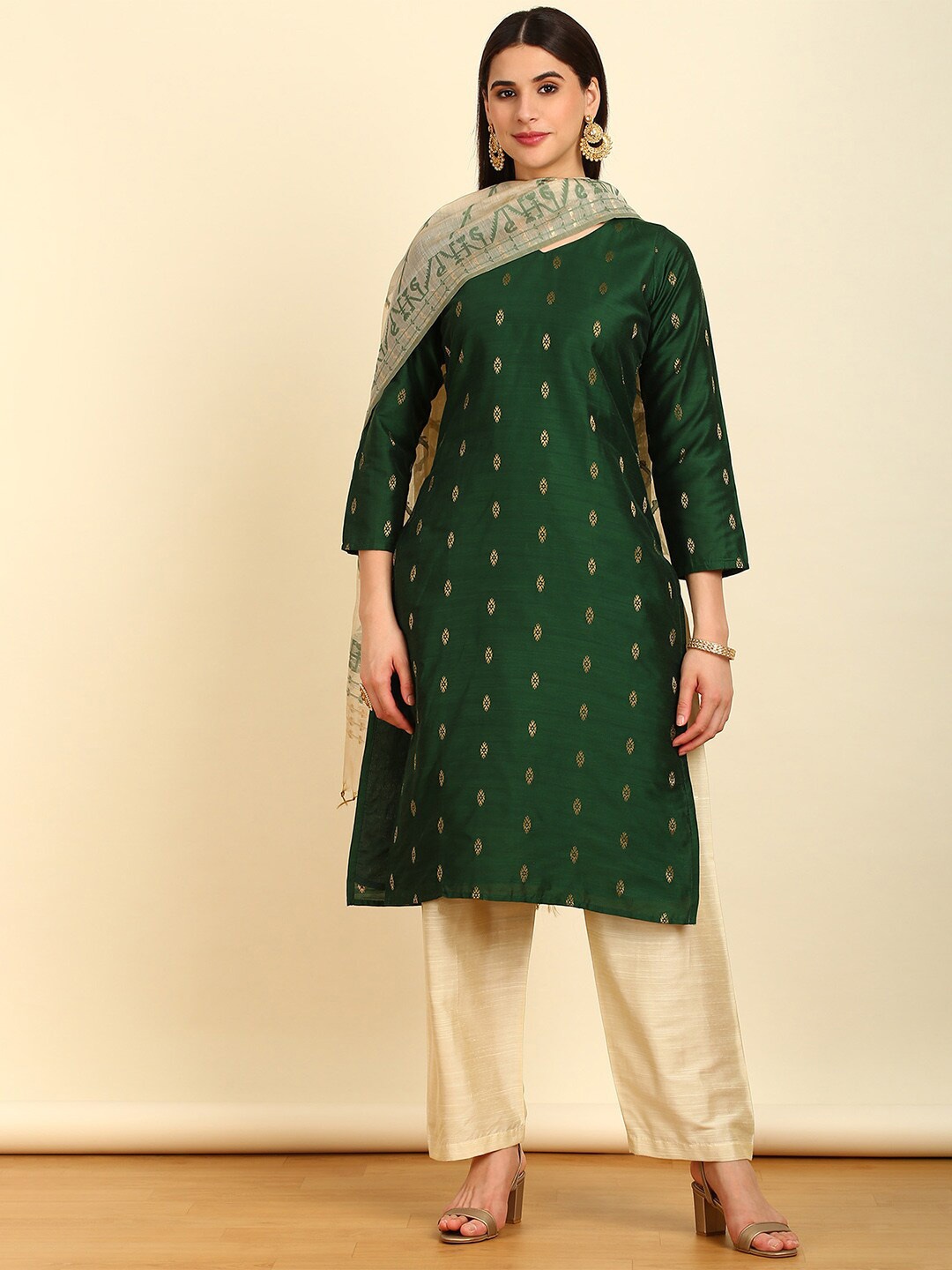 

Soch Green Ethnic Motifs Woven Design Zari Unstitched Dress Material