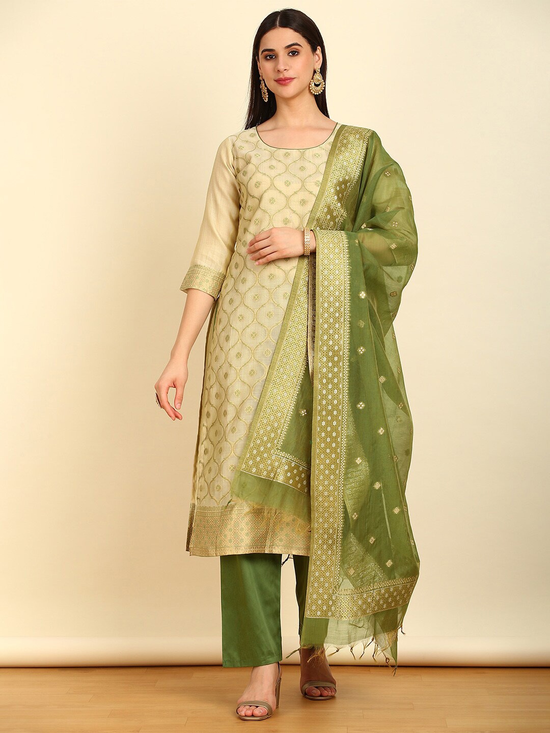 

Soch Beige Ethnic Motifs Woven Design Zari Unstitched Dress Material