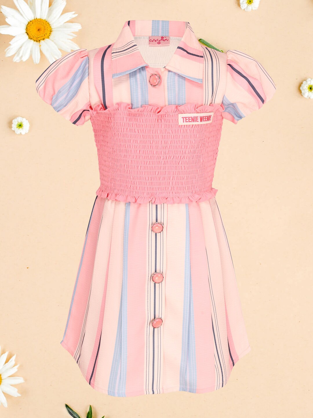 

CUTECUMBER Girls Striped Print Shirt Collar Short Sleeves A-Line Dress, Pink