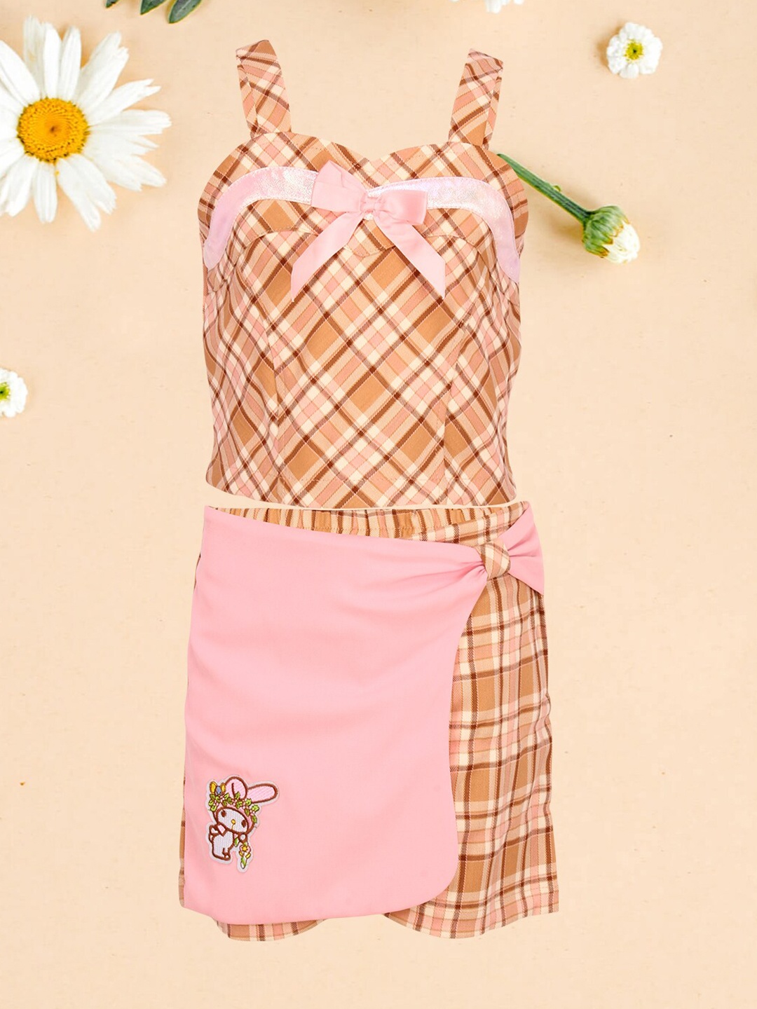 

CUTECUMBER Girls Checked Top With Skirt, Brown
