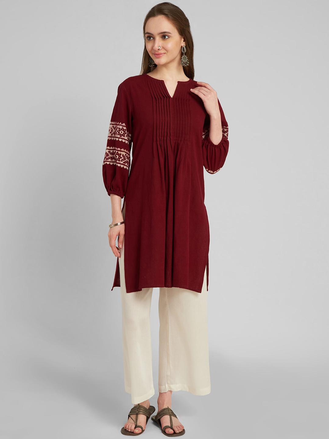 

KALINI Thread Work Puff Sleeves Kurta, Maroon