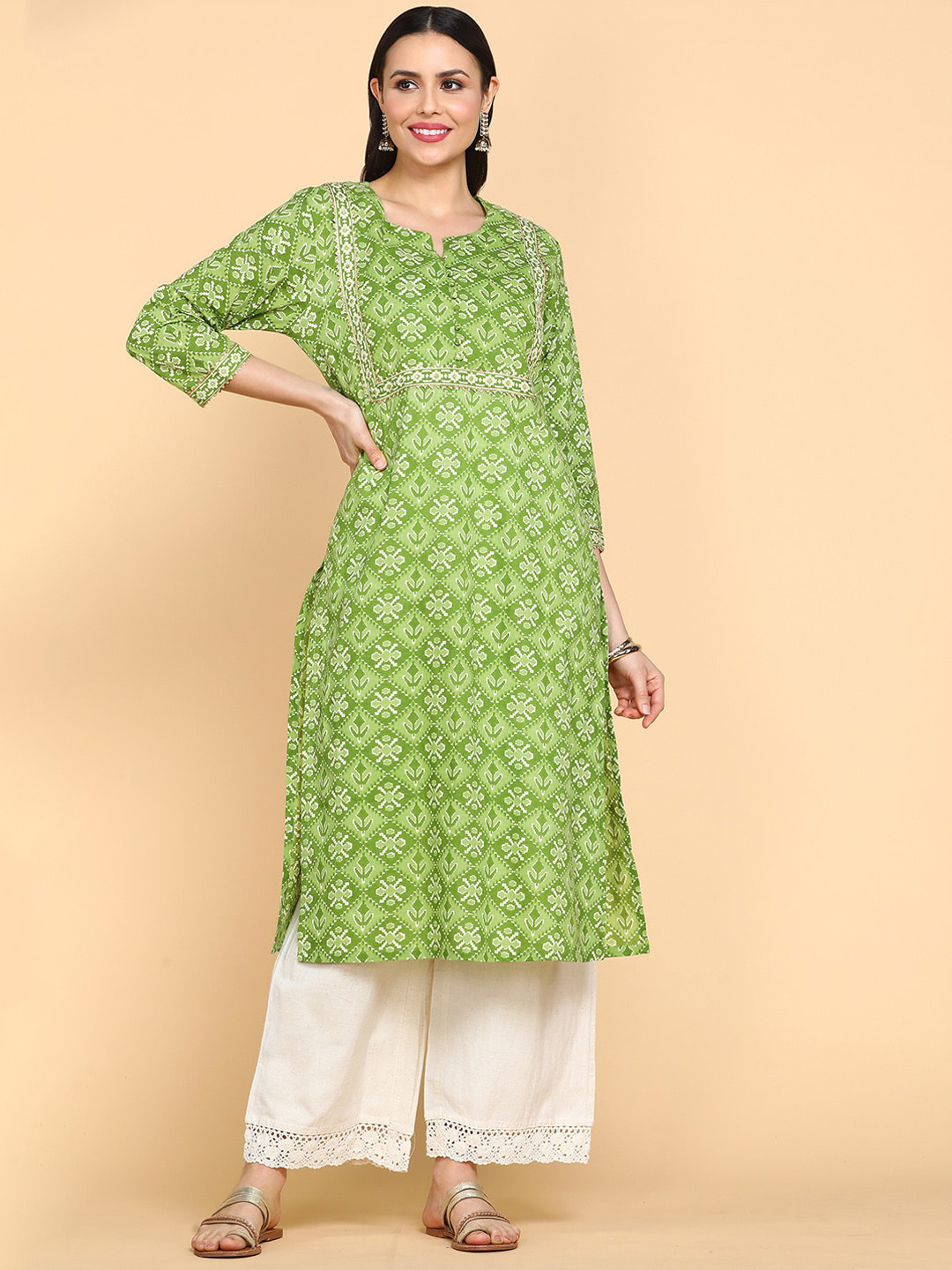 

KALINI Ethnic Motifs Printed Round Neck Gotta Patti Kurta, Green