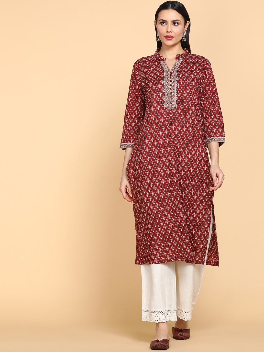 

KALINI Mandarin Collar Thread Work Cotton Kurta, Maroon
