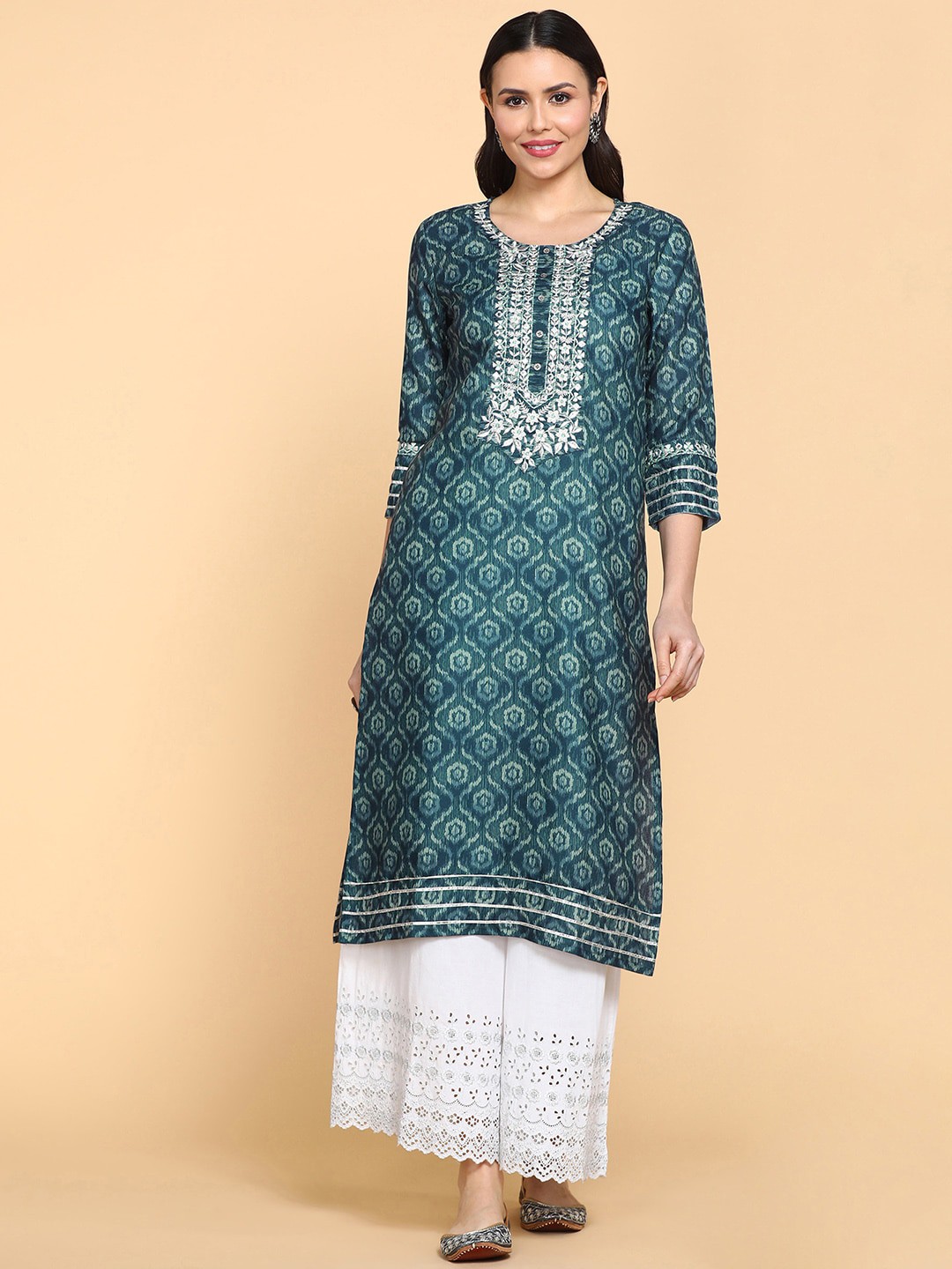 

KALINI Printed Round Neck Thread Work Cotton Kurta, Blue