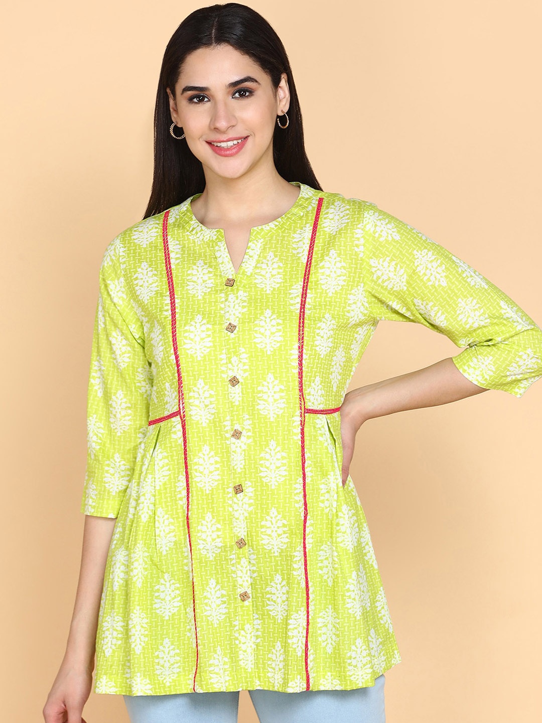 

KALINI Round Neck Printed Cotton Kurta, Green