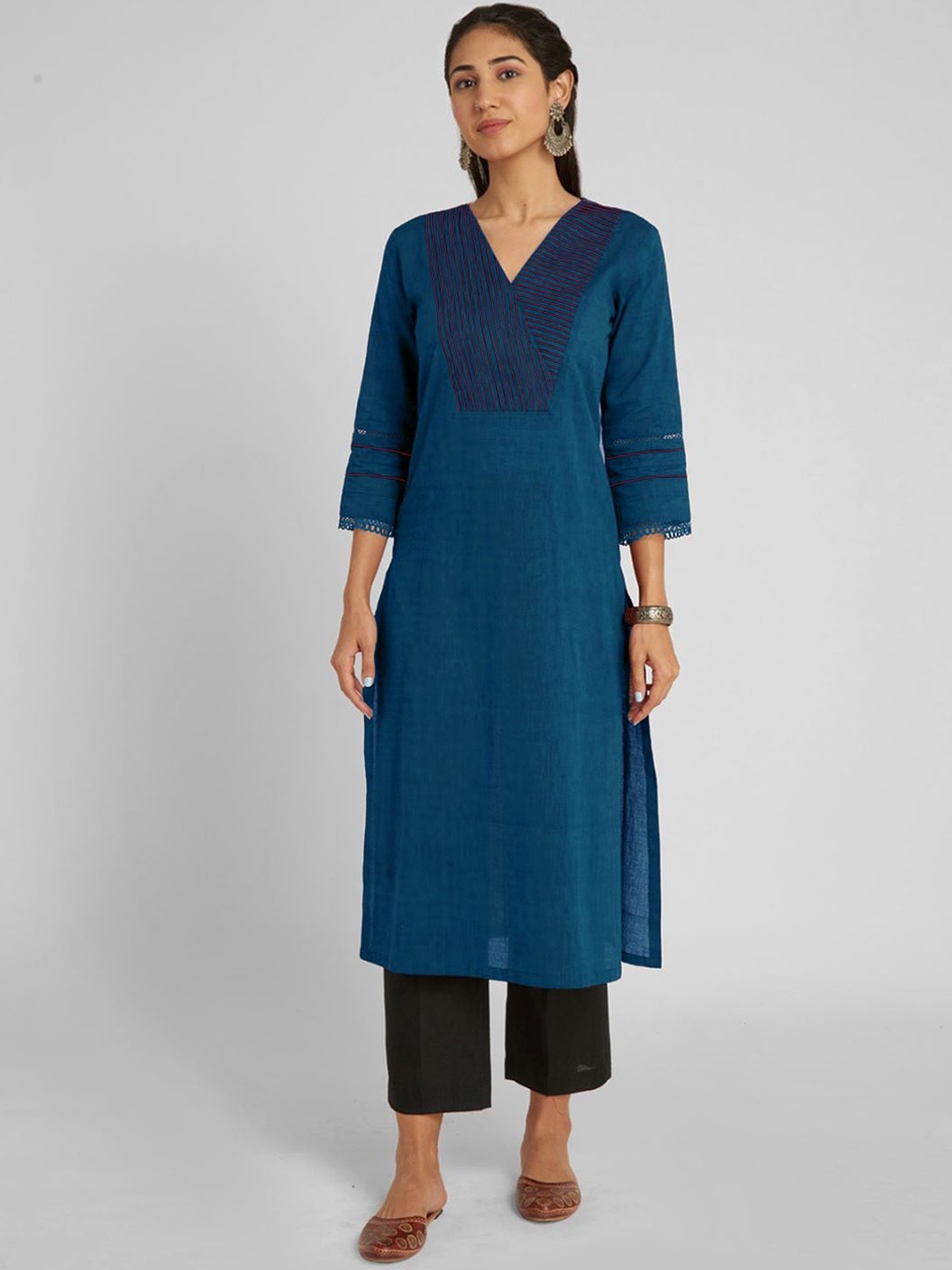 

KALINI Embroidered Thread Work Cotton Strigth Kurta, Blue