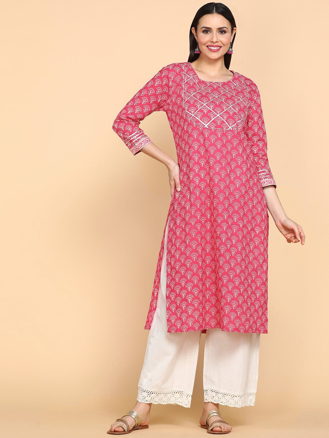 

KALINI Ethnic Motifs Printed Round Neck Gotta Patti Pure Cotton Kurta, Pink