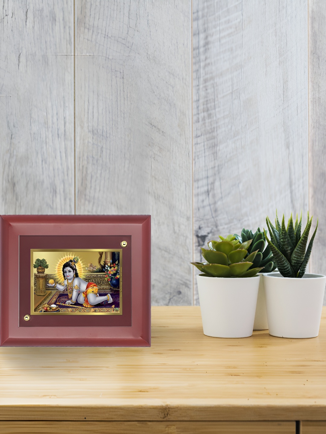 

DIVINITI Maroon & Gold-Toned Wooden Laddu Gopal Table Photo Frame