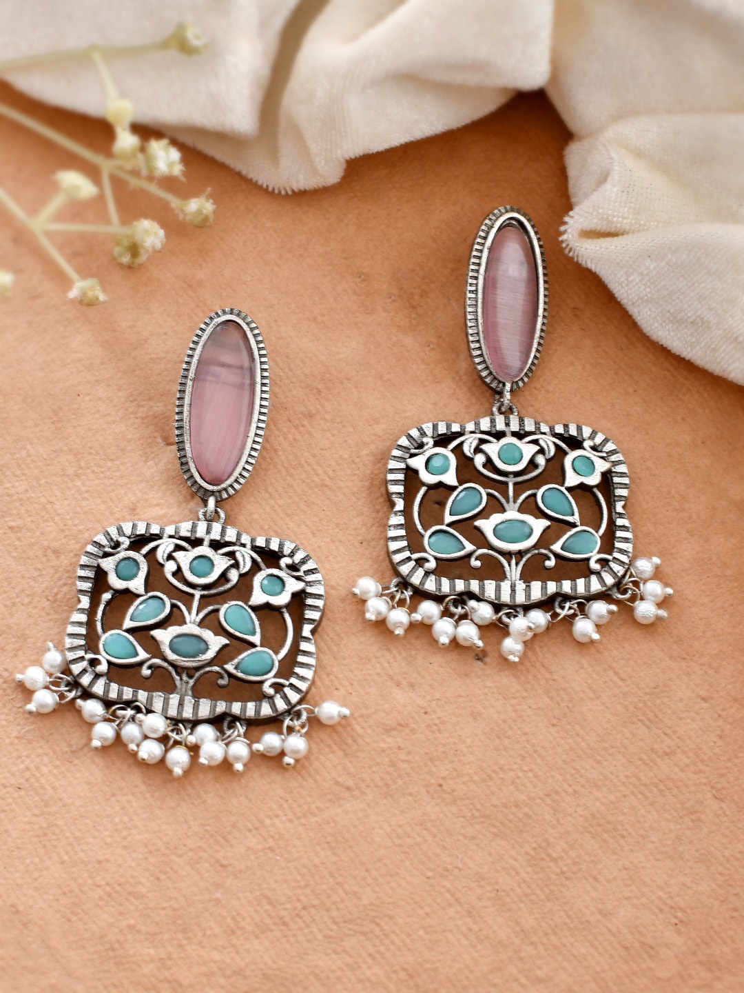 

DASTOOR Silver-Plated Stone Studded & Beaded Oxidised Classic Drop Earrings
