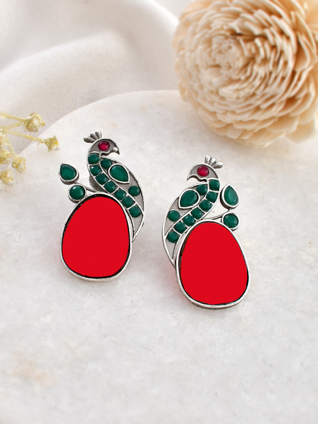 

DASTOOR Silver-Plated Oxidised Peacock Shaped Studs Earrings