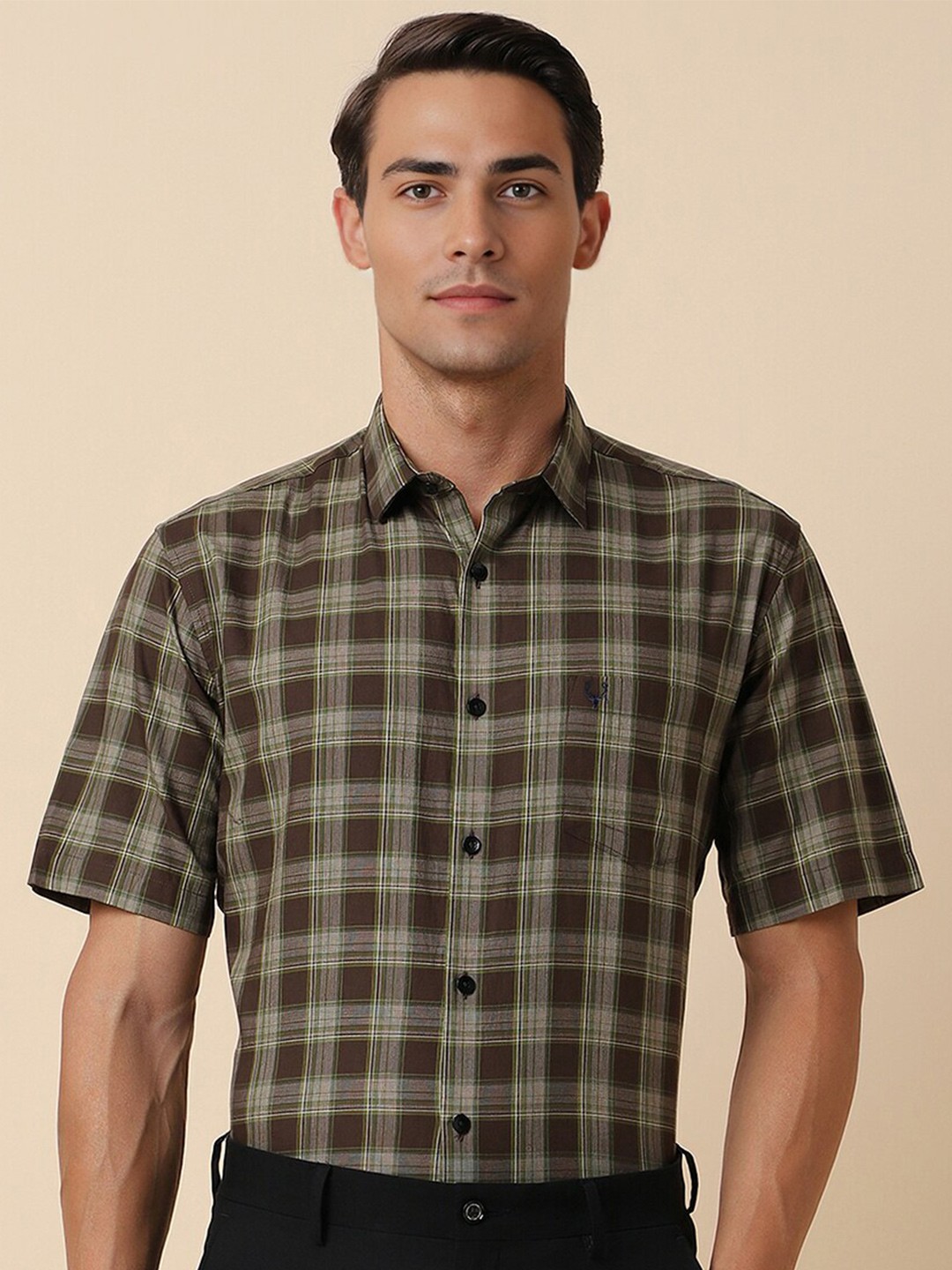 

Allen Solly Checked Spread Collar Curved Cotton Slim Fit Formal Shirt, Brown