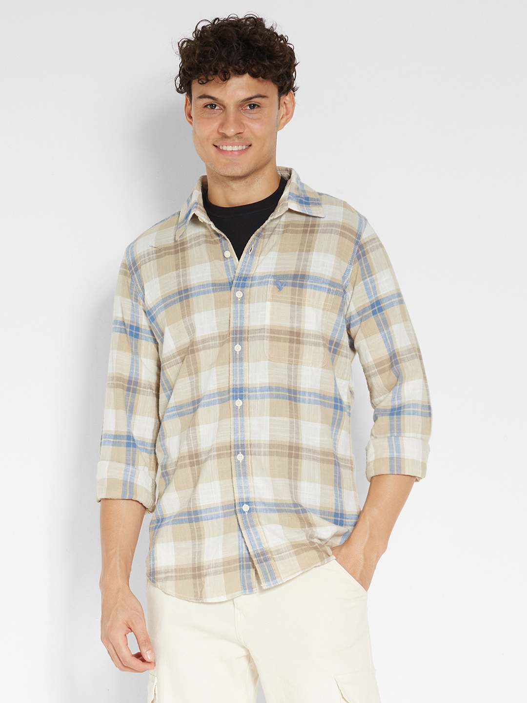 

AMERICAN EAGLE OUTFITTERS Men Slim Fit Tartan Checks Opaque Checked Casual Shirt, Beige