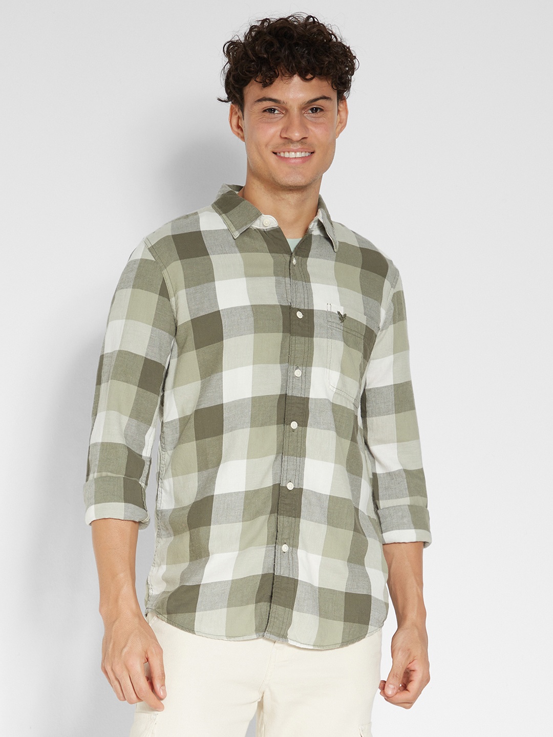 

AMERICAN EAGLE OUTFITTERS Men Slim Fit Buffalo Checks Opaque Checked Casual Shirt, Olive