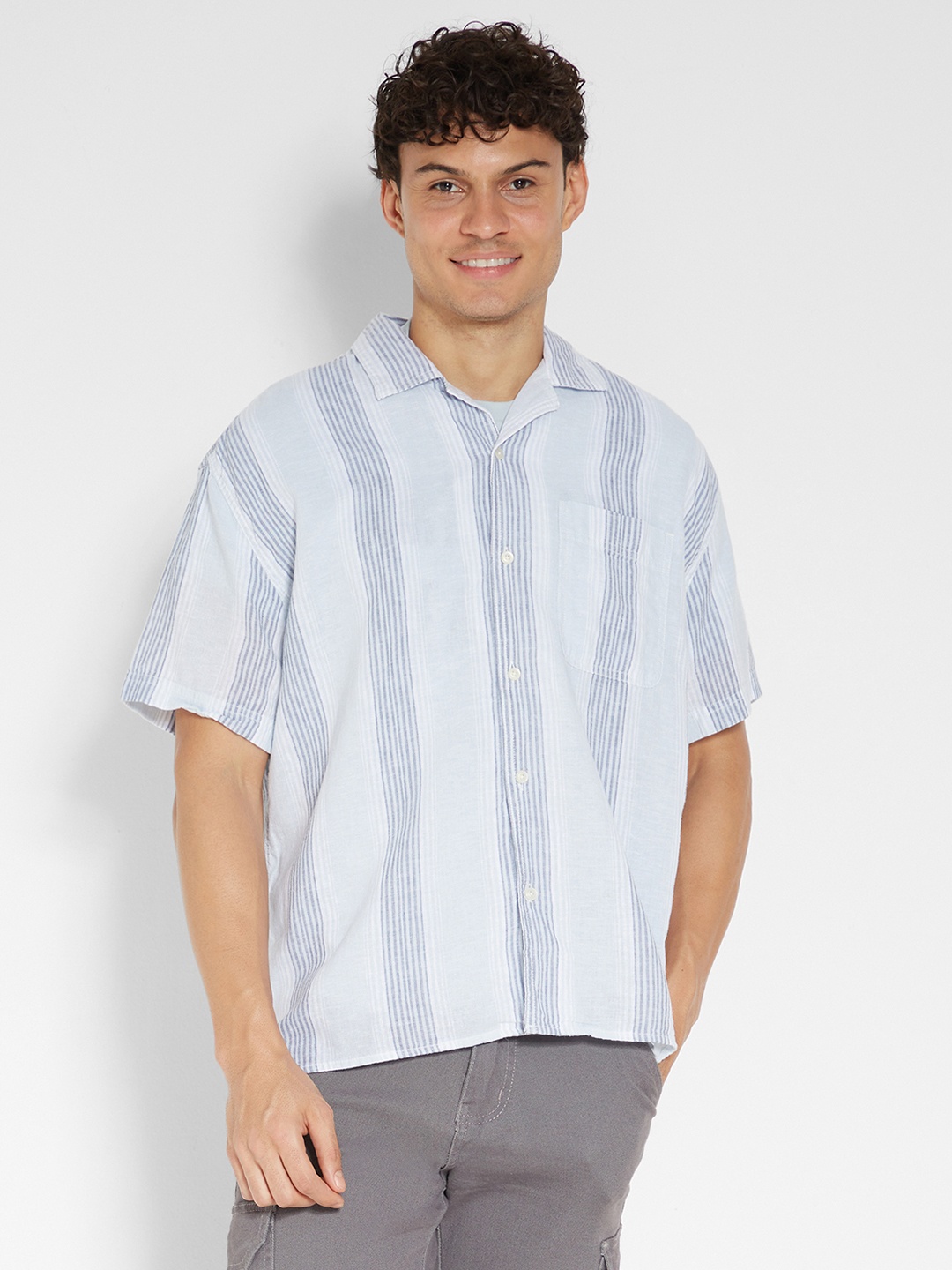 

AMERICAN EAGLE OUTFITTERS Men Opaque Striped Casual Shirt, Blue