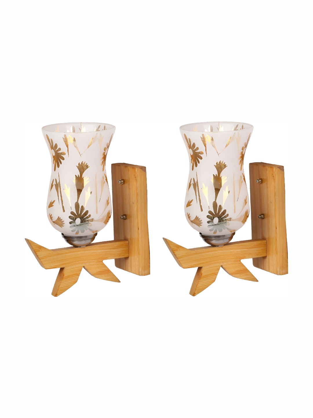 1ST TIME White & Brown 2 Pcs Printed Glass Traditional Wall Lamps