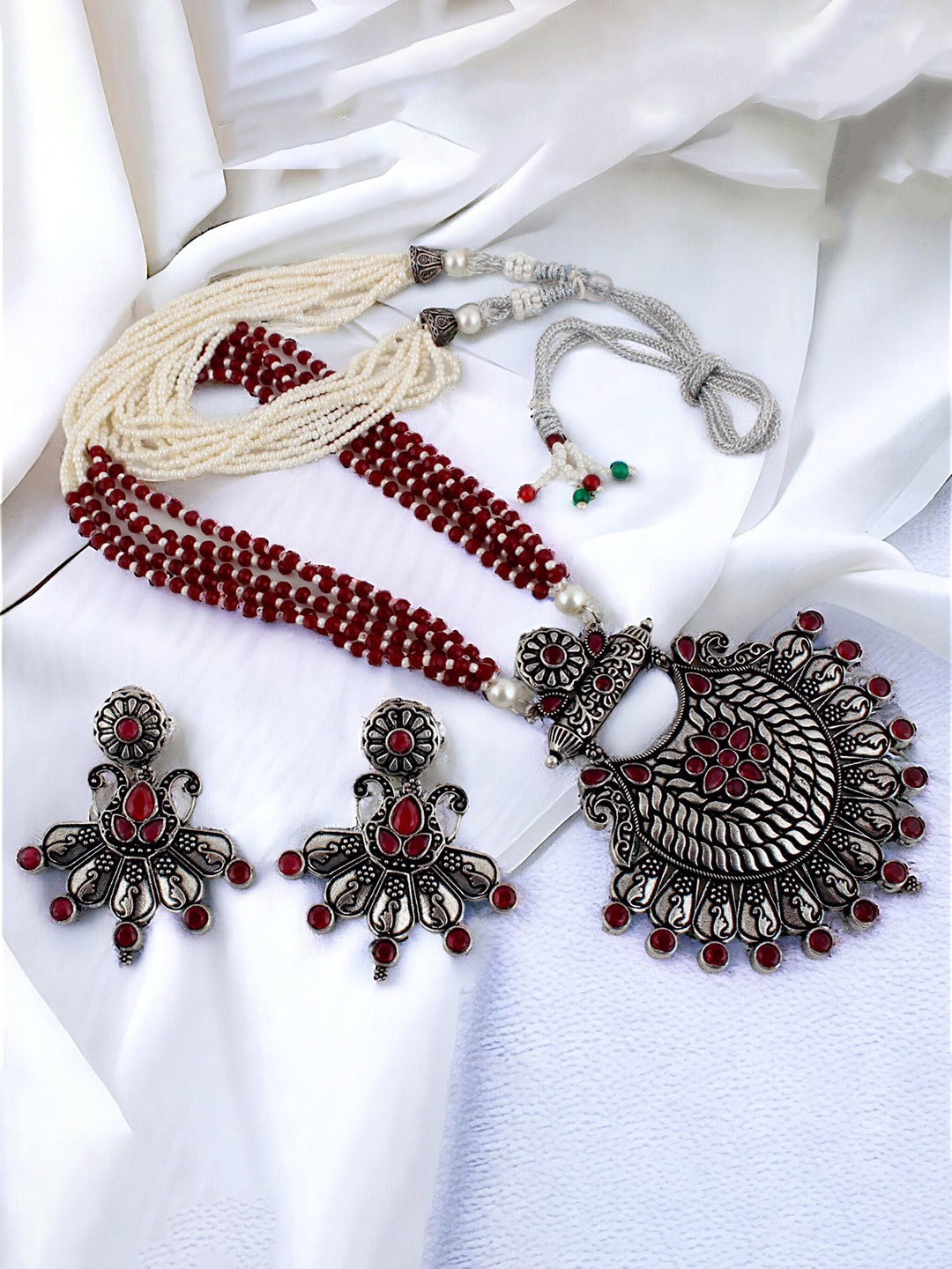 

LUCKY JEWELLERY Silver-Plated Oxidised Layered Pearls Long Necklace Set, Maroon