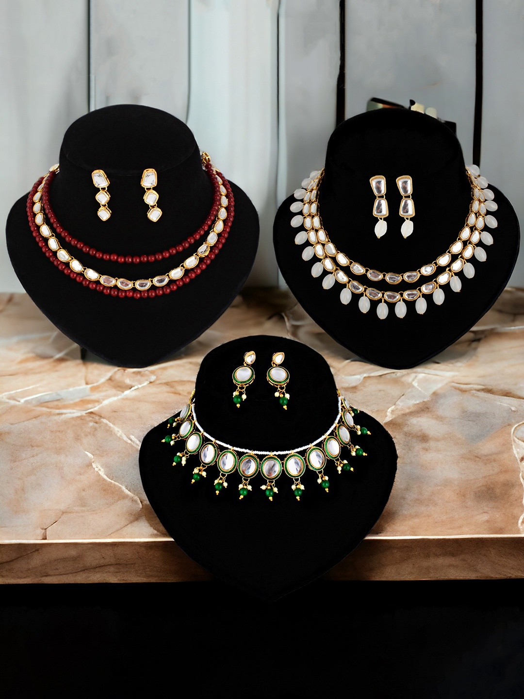 

LUCKY JEWELLERY Set Of 3 Gold-Plated Kundan-Studded Jewellery Set, Maroon
