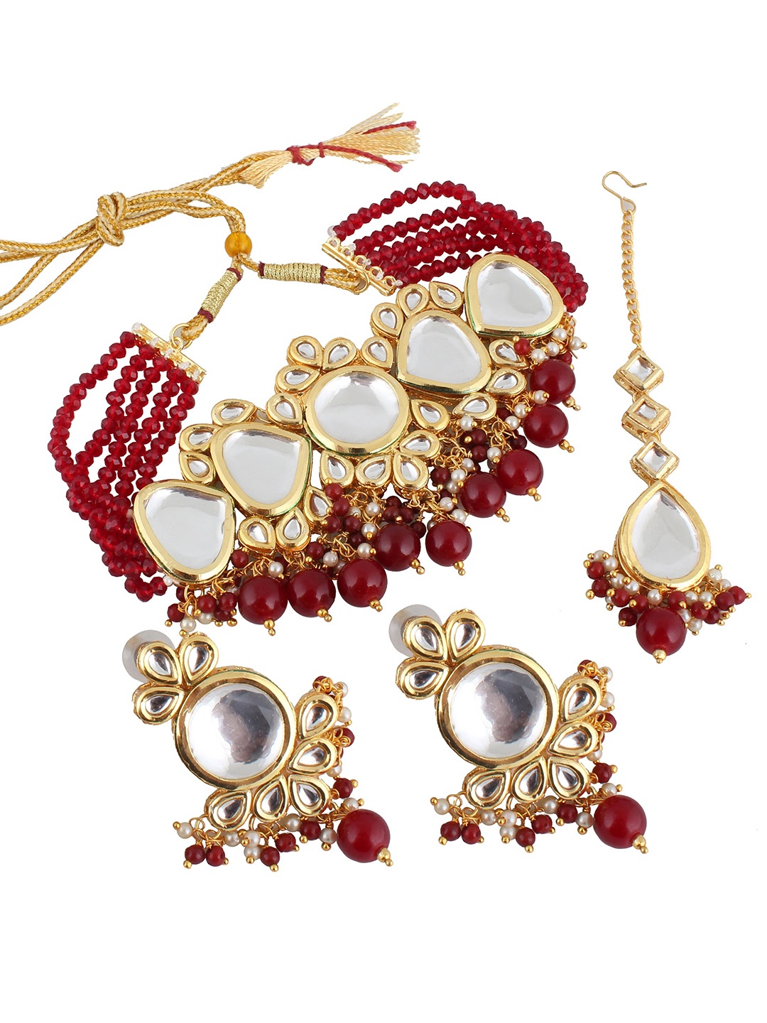 

LUCKY JEWELLERY 18K Gold-Plated Meenakari Kundan-Studded & Beaded Jewellery Set