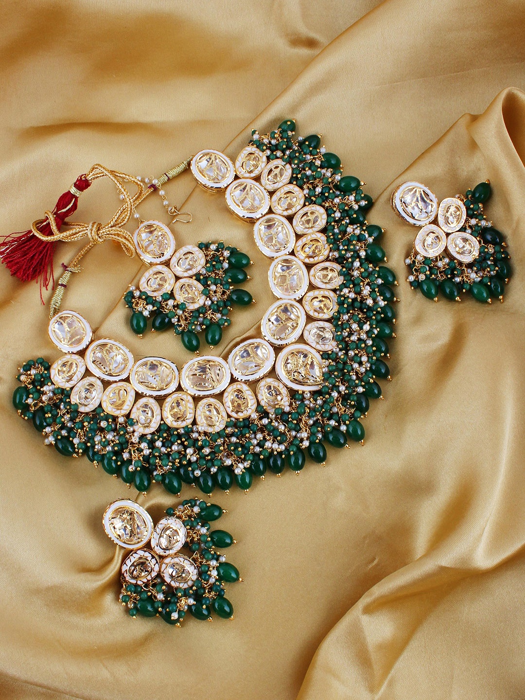 

LUCKY JEWELLERY 18K Gold-Plated Meenakari Kundan-Studded & Beaded Jewellery Set