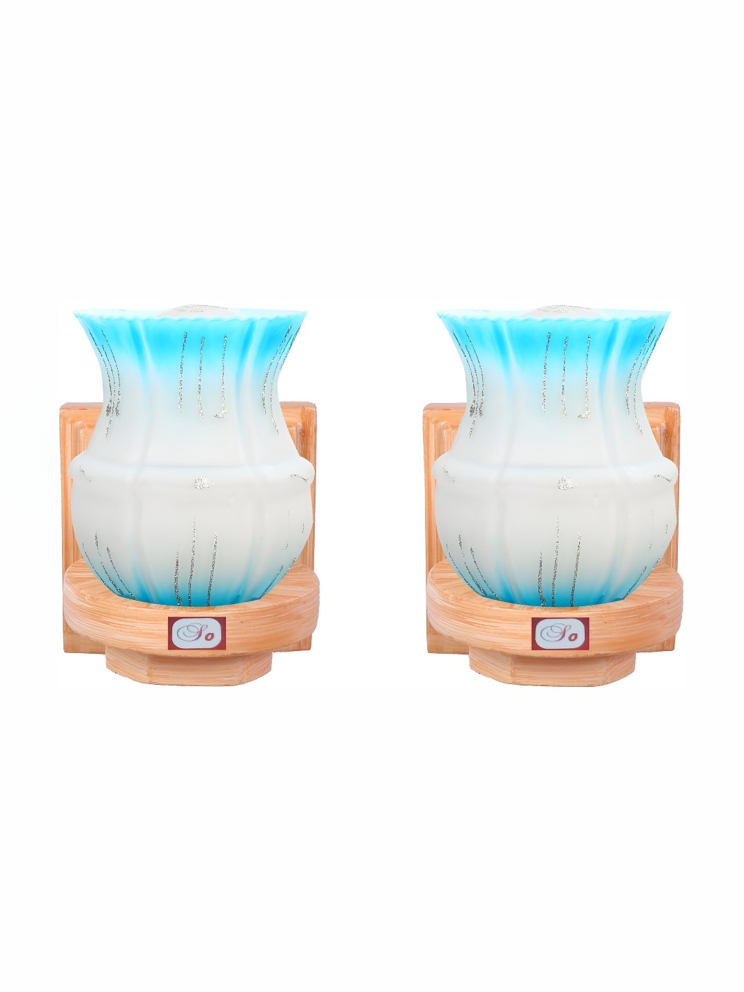 

1ST TIME White & Blue 2 Pieces Printed Glass Traditional Bell Shaped Wall Lamps