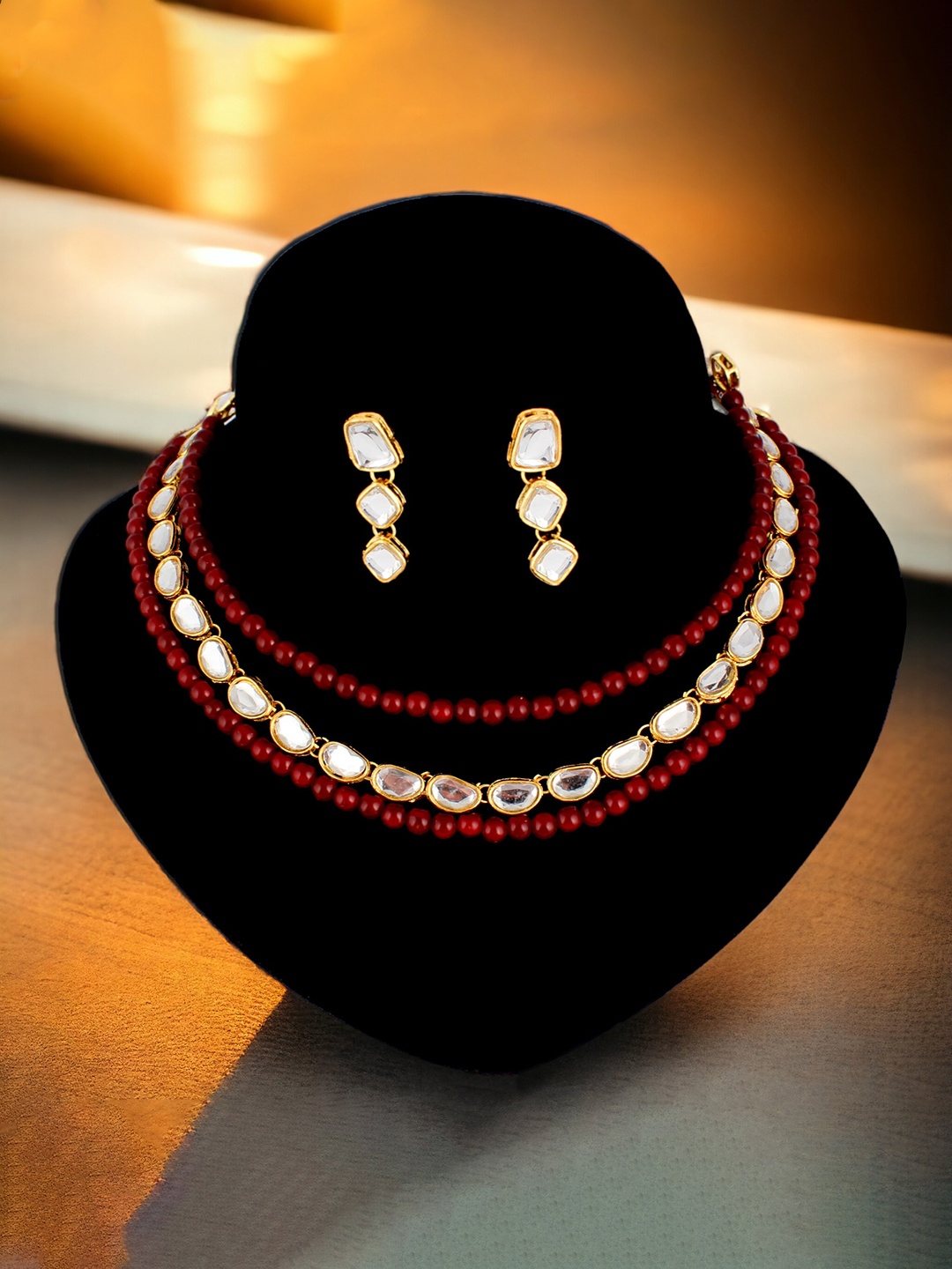 

LUCKY JEWELLERY Gold-Plated Layered Pearls Long Necklace Set, Maroon