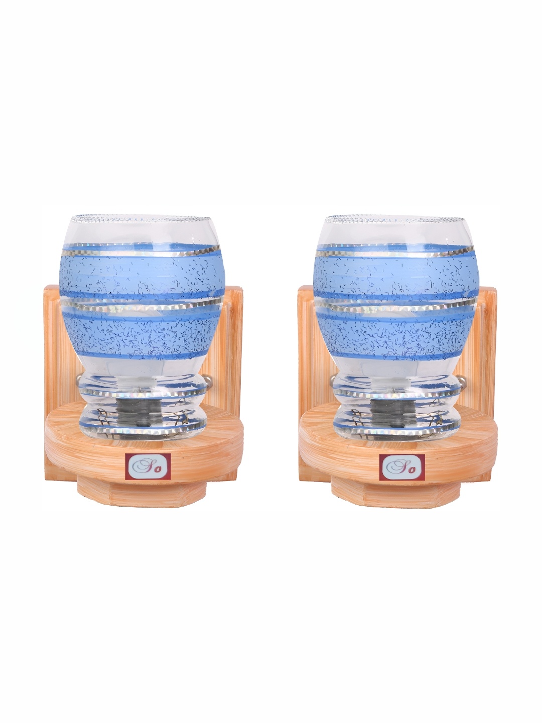 1ST TIME Blue & Transparent 2 Pieces Printed Glass Contemporary Cylinder Shaped Wall Lamps