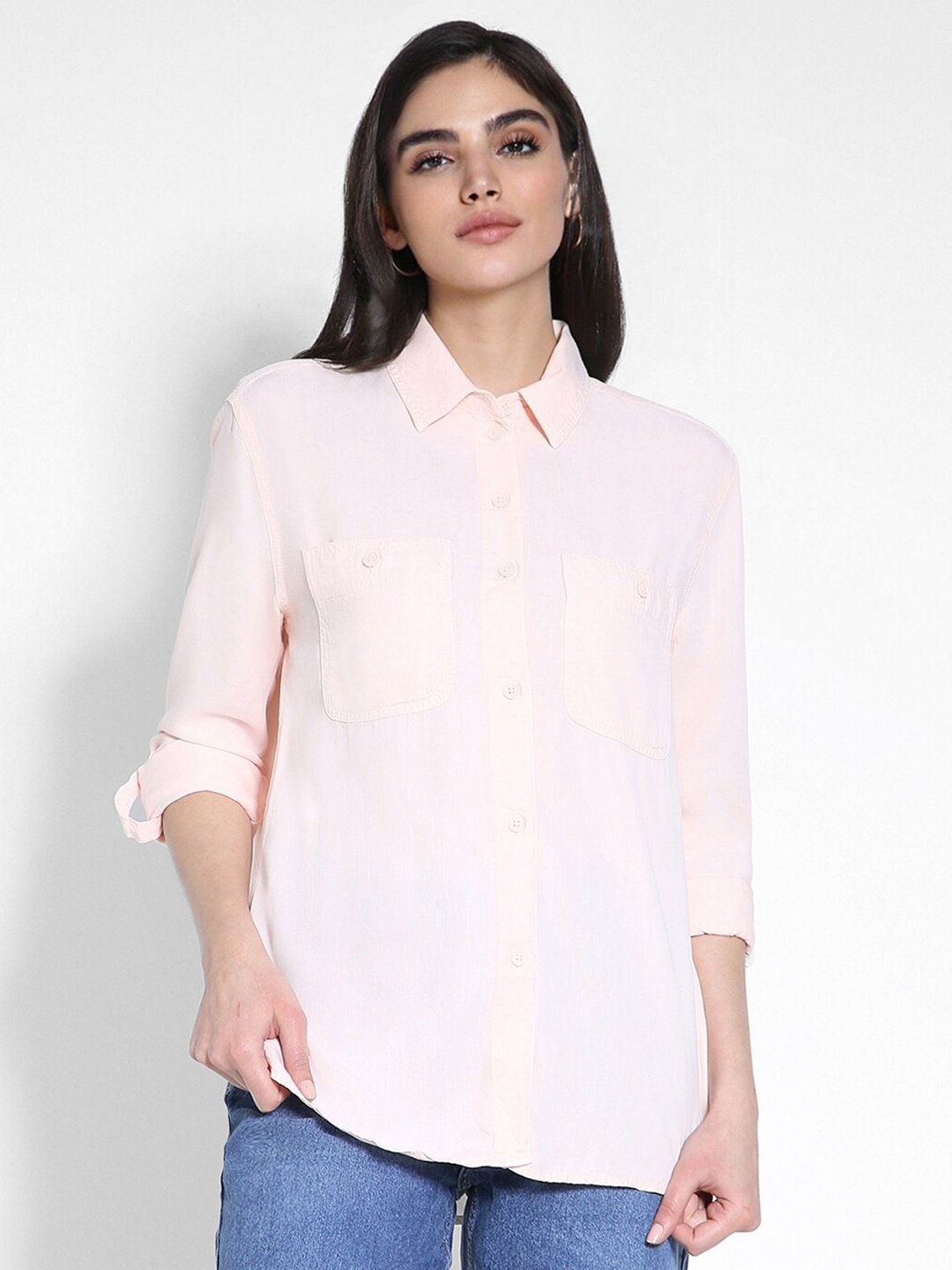 

AMERICAN EAGLE OUTFITTERS Long-Sleeve Button-Up Shirt, Peach