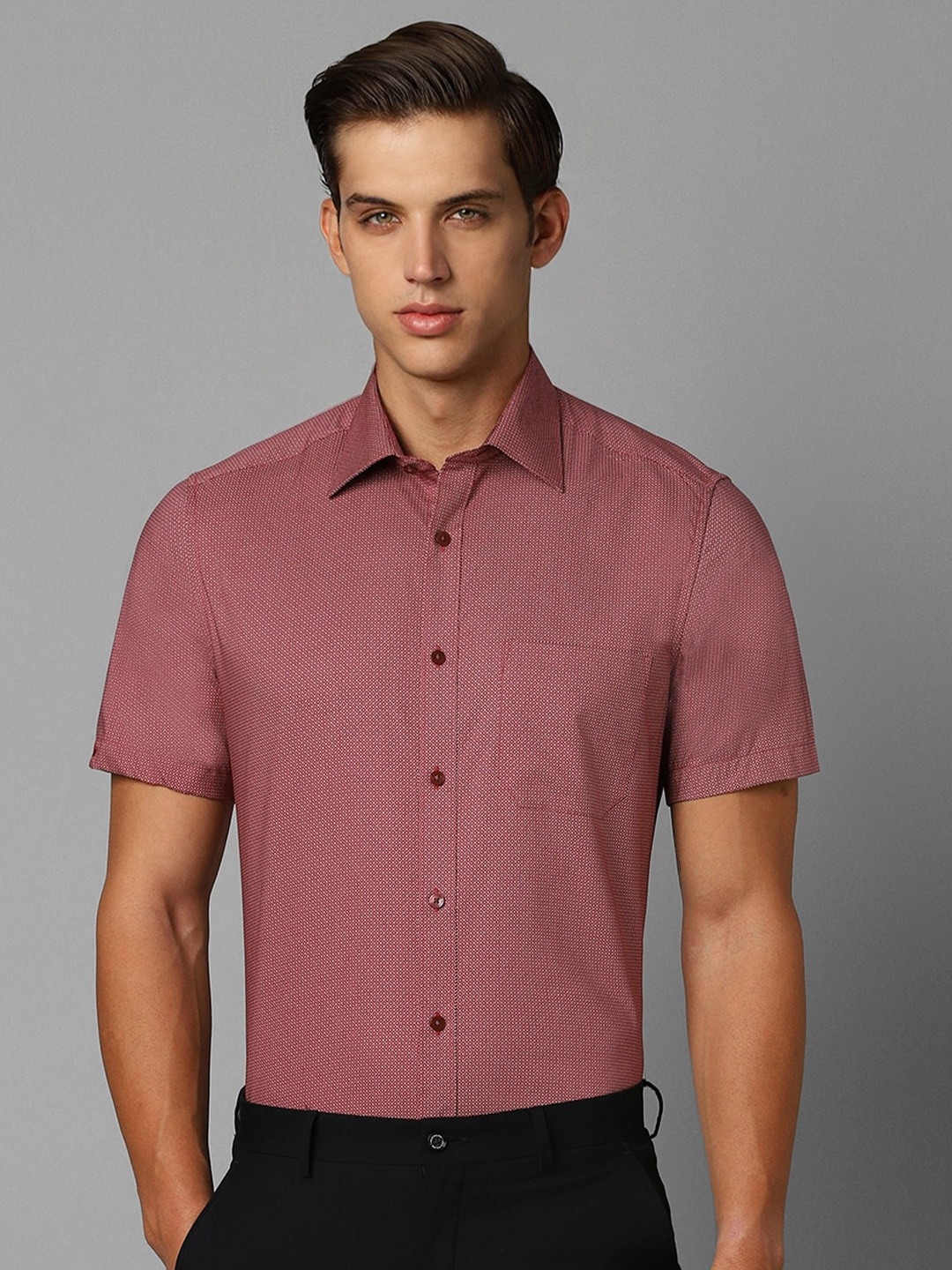 

Louis Philippe Classic Fit Micro Ditsy Printed Half Sleeves Formal Shirt, Red