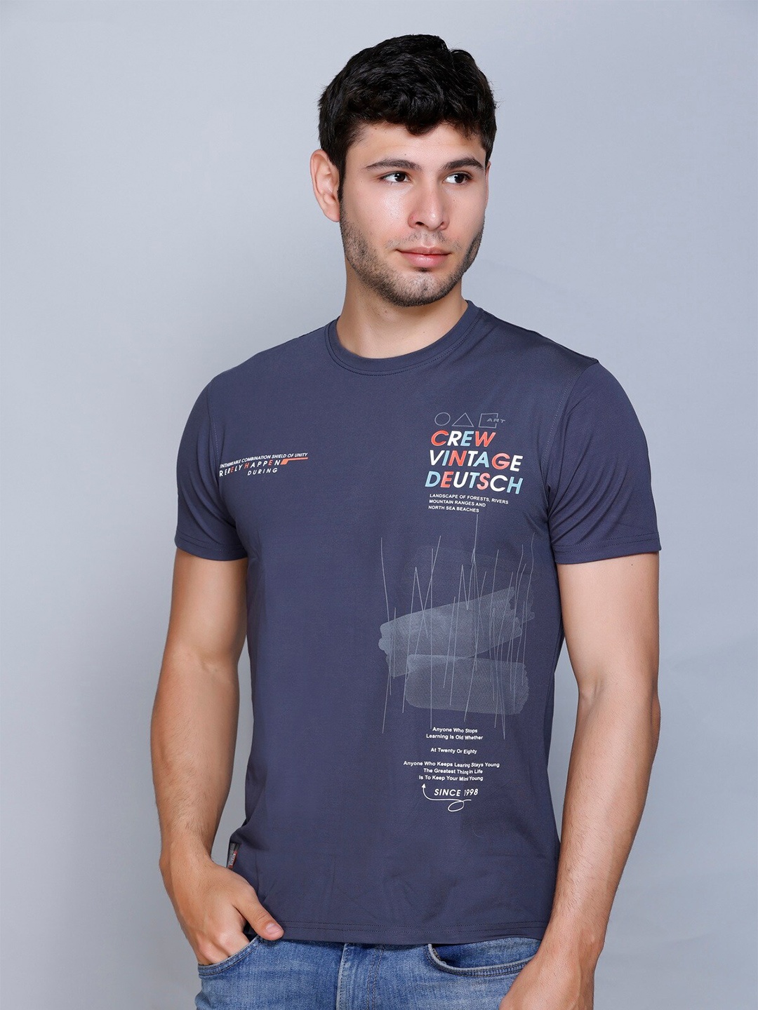 Fort Collins Typography Printed Round Neck Cotton T-shirt, Navy blue