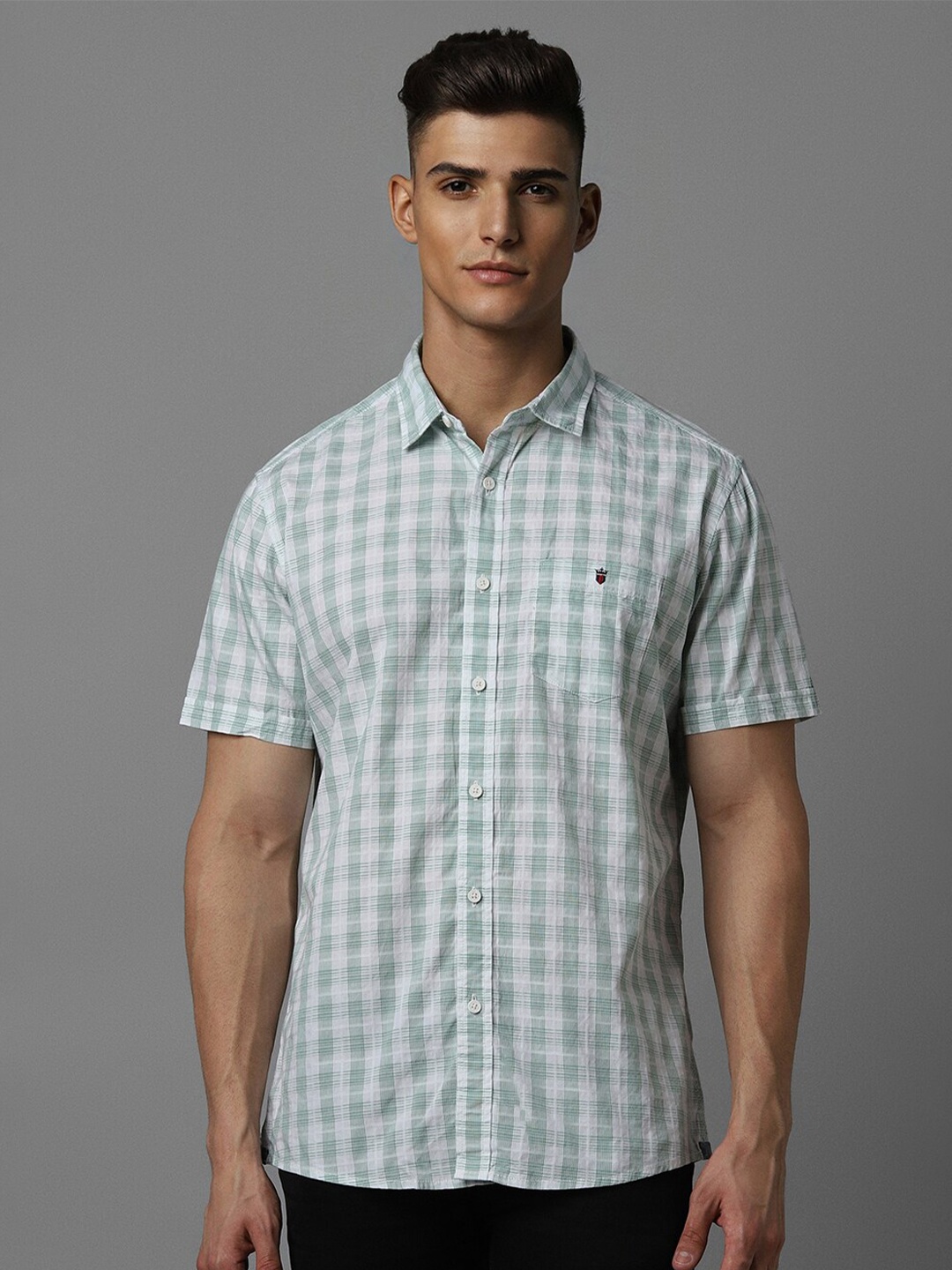 

Louis Philippe Jeans Slim Fit Checked Half Sleeves Cotton Casual Shirt, Green