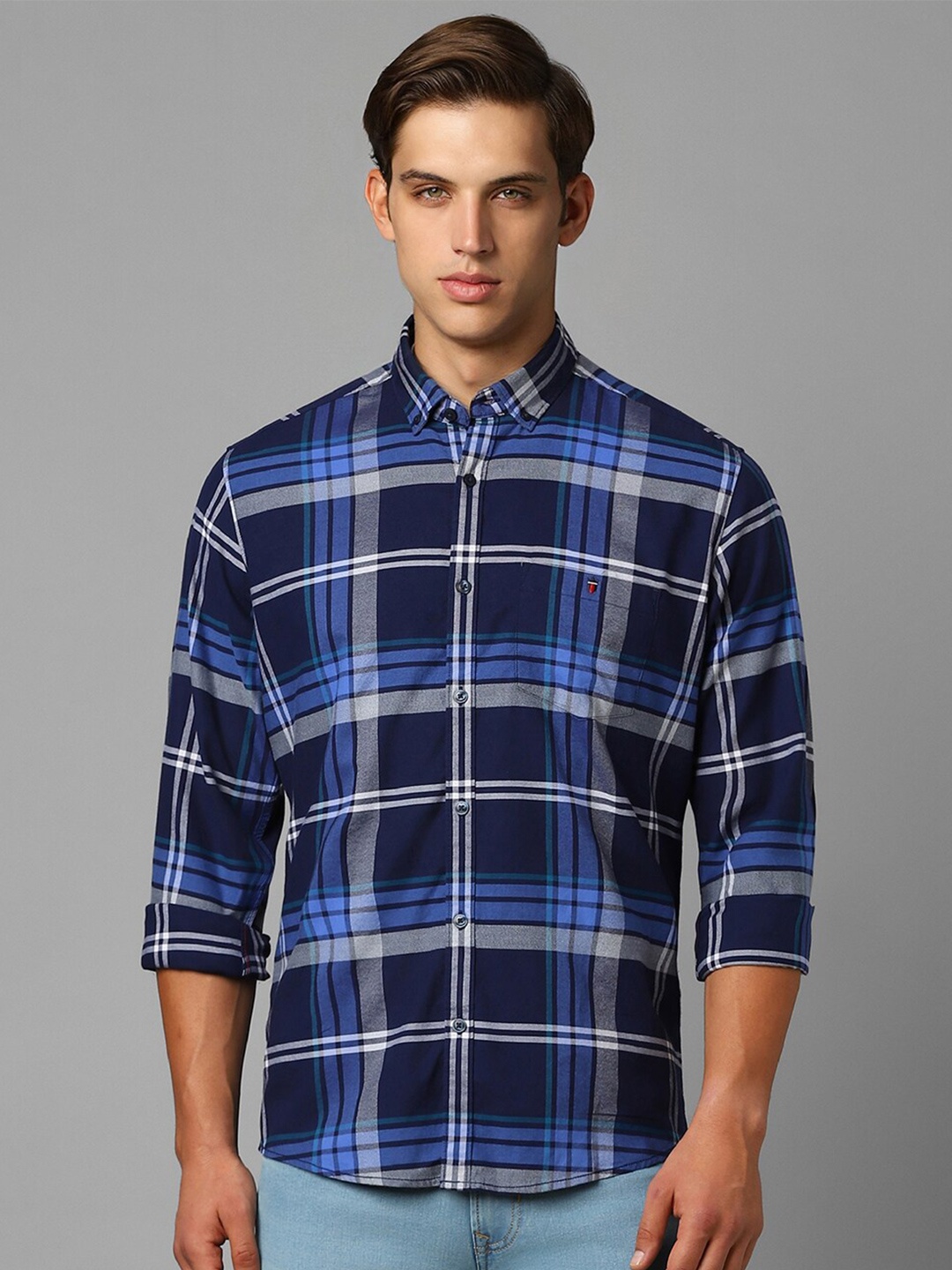 

Louis Philippe Jeans Slim Fit Tartan Checked Cotton Casual Shirt, Blue