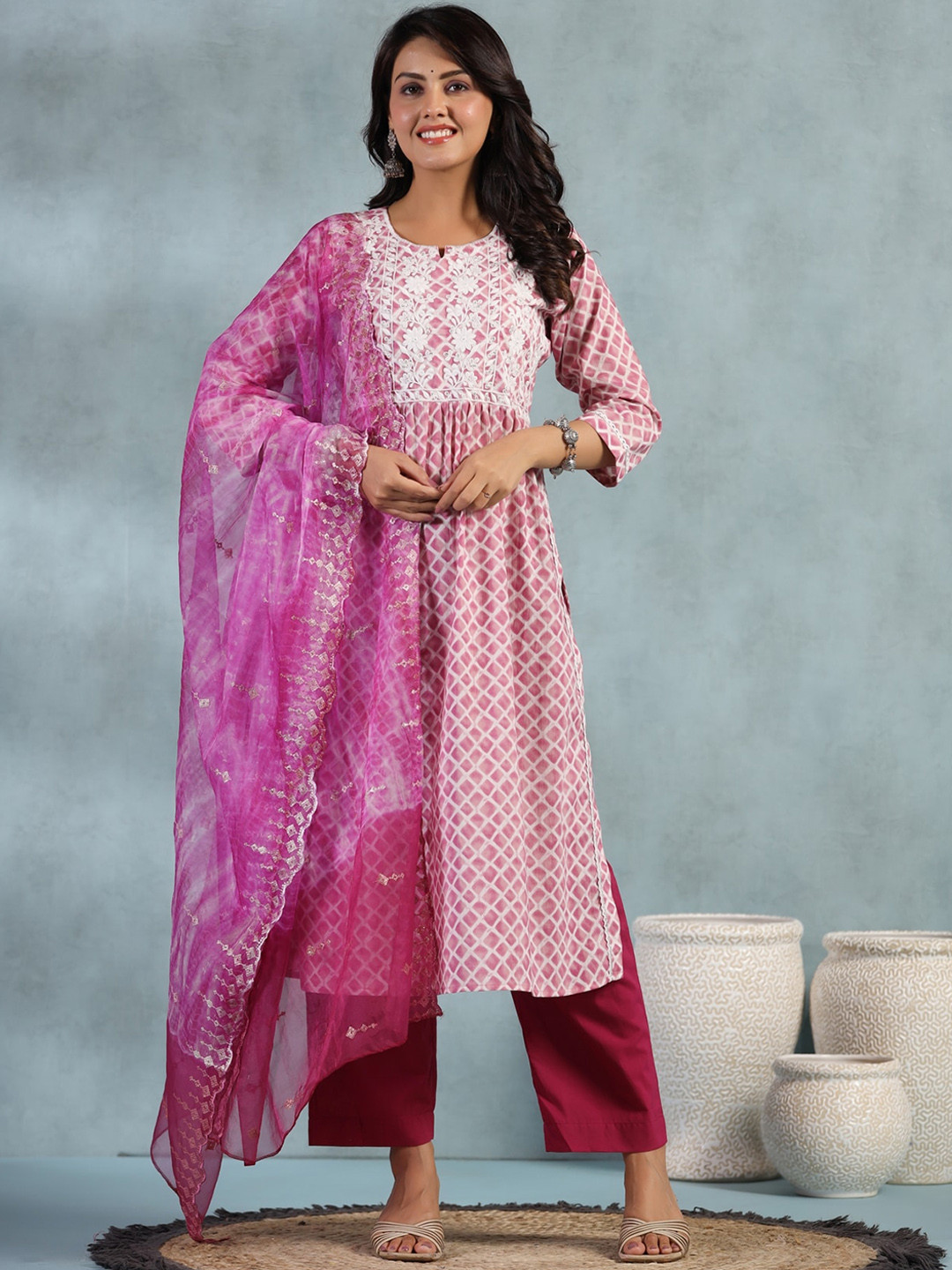 

KALINI Embroidered Pleated Thread Work Pure Cotton Kurta with Pyjamas & Dupatta, Pink