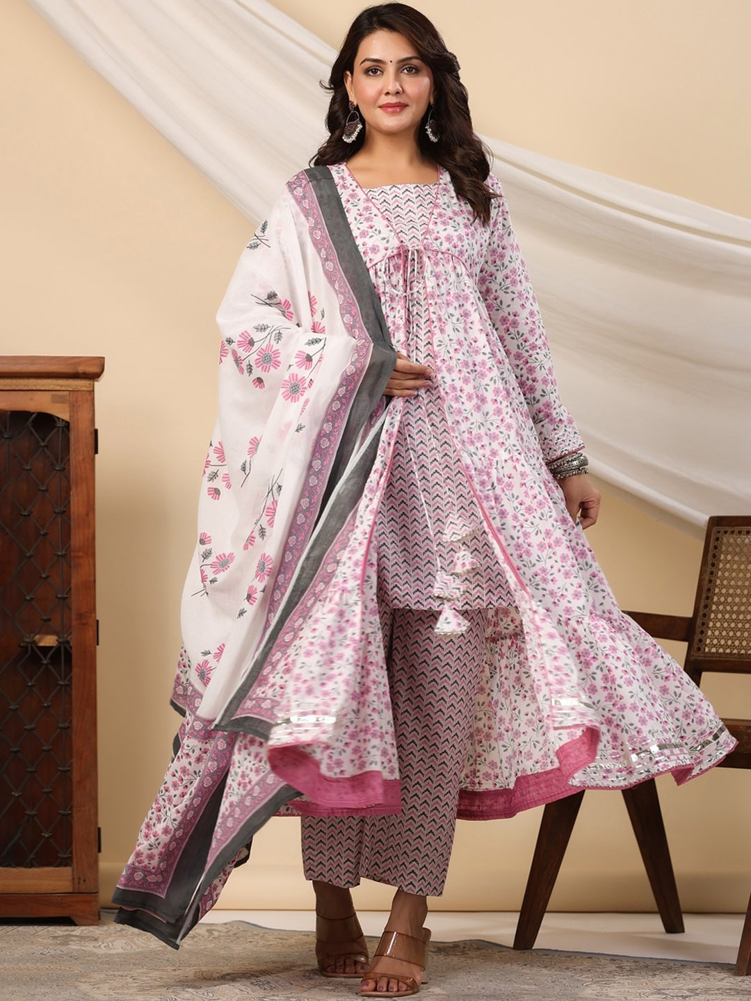 

KALINI Ethnic Motifs Printed Layered Pure Cotton Anarkali Kurta with Trousers & Dupatta, White