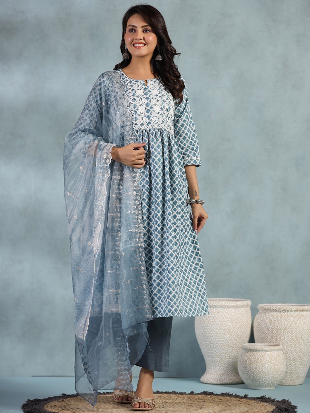 

KALINI Floral Printed Pleated Thread Work Pure Cotton Kurta with Palazzos & Dupatta, Grey