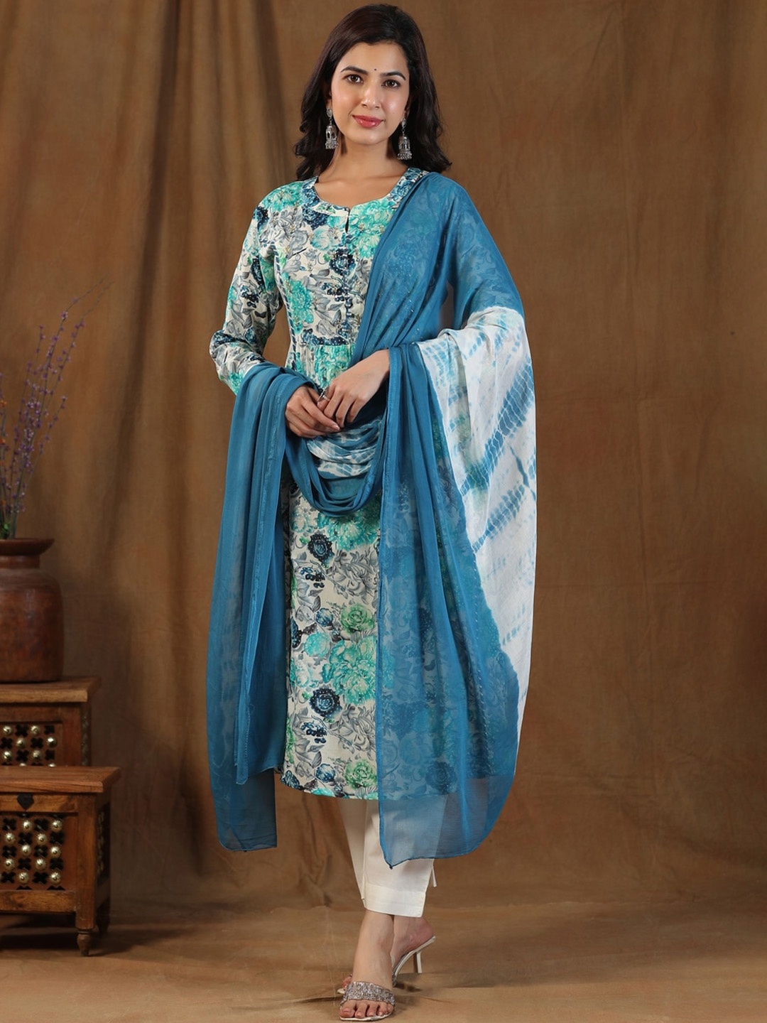 

KALINI Floral Printed Round Neck Pure Cotton Anarkali Kurta with Palazzos & With Dupatta, Blue