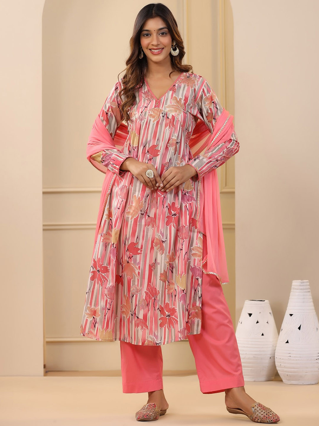 

KALINI Floral Printed Straight Thread Work Pure Cotton Kurta with Palazzos & Dupatta, Pink