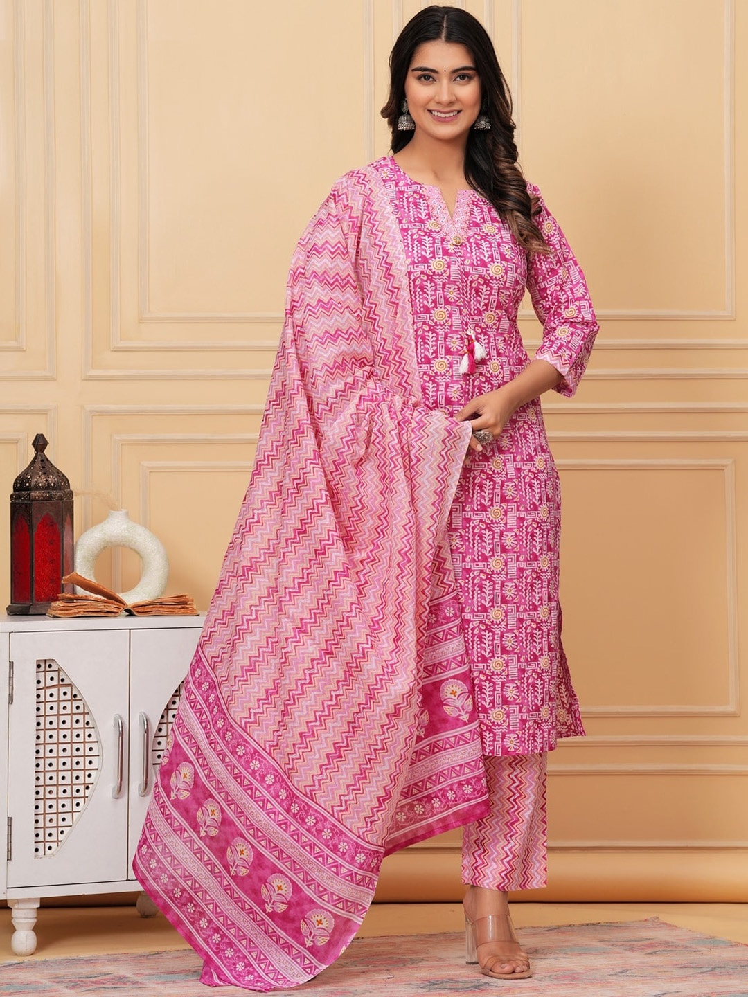 

KALINI Floral Yoke Design Beads & Stones Pure Cotton Straight Kurta With Trouser & Dupatta, Pink