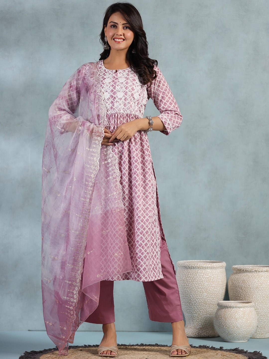 

KALINI Floral Embroidered Pure Cotton High Slit Kurta With Palazzos & Dupatta, Peach